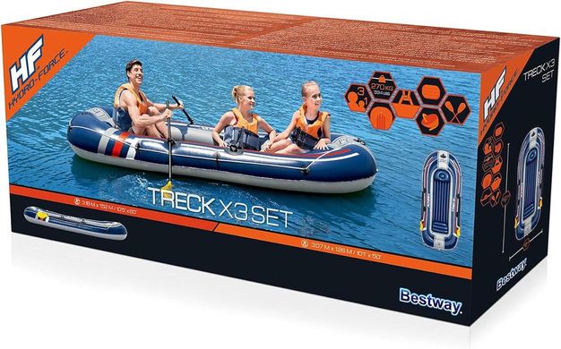 Човен надувний чотиримісний Bestway 61110 Trek X3 set (307-126см, весла, ножний насос) Синій 61110 фото